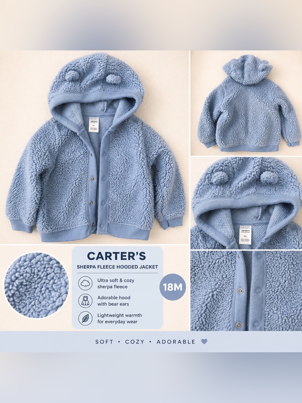 Carter's Light Blue Sherpa Hoodie Jacket with Bear Ears